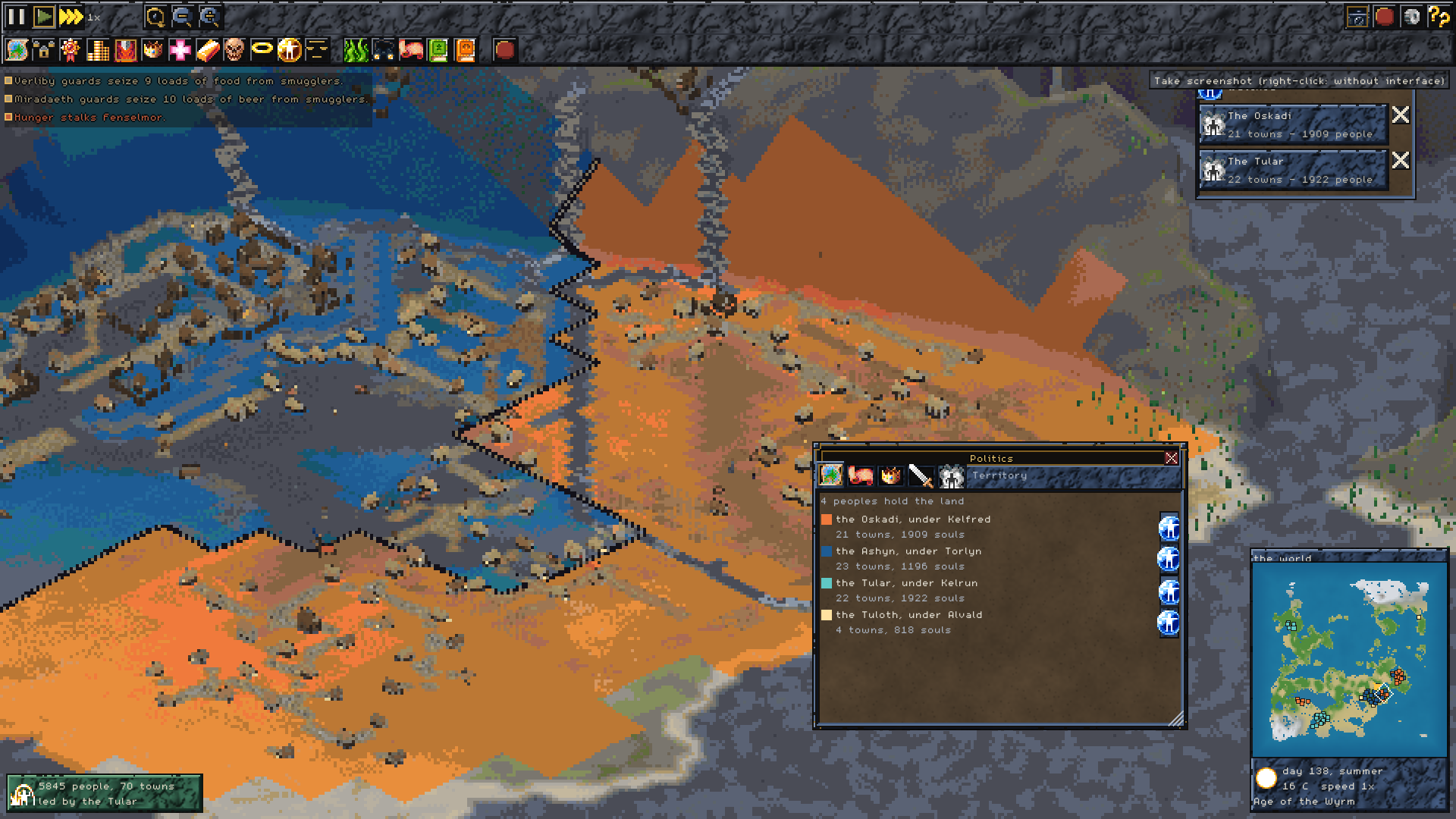 Colored territories and town banners with the politics window open